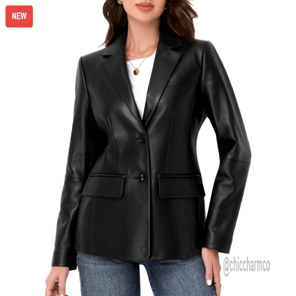 Lambskin Leather Blazer Jacket Women Long Sleeve Button Front Notched Lapel